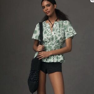 Anthropologie Somerset Blouse Green & White Size Large Peplum